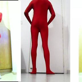 Fun At Home Wearing a Red Zentai Costume Part 2