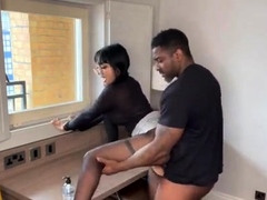 Pigtailed exotic babe in pantyhose takes on big black cock