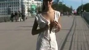 Dirty-minded flat chested Russian brunette was flashing her tits outdoors