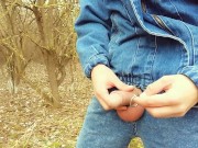Twink wanks with penis plug outdoor - Cum leaking with urethral ball inside
