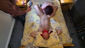 Cuckold Husband films wife pegging a stranger for the first time