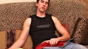 After returning from skateboarding JP pops in a porn video and begins stroking his cock. A little spit helps get it hard and he works his cock until he pumps out a nice load of warm cum onto his belly.