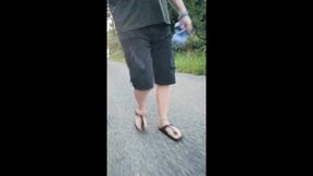 Out and About with Nylon Feet in Birkenstocks in the Morning
