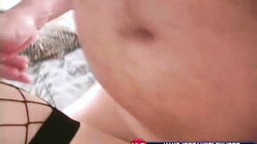 Stockinged beautiful babe jerks shaft