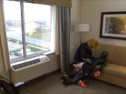 tattooed athlete fucks his orca dummy at hotel window