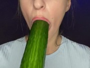 Testing little mouth with a huge cucumber. Drool, deep throat.