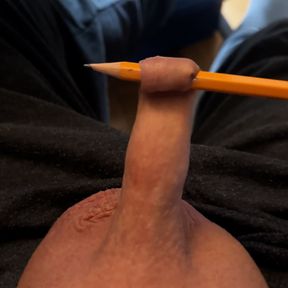 Play with the foreskin of my little cock and a pencil