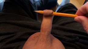 Play with the foreskin of my little cock and a pencil