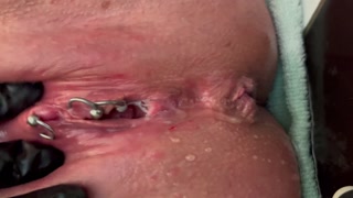 Pee very strong stream from my Pierced Pussy and my hands in Latex Glove