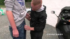 Gay fuck in bedroom and blowjob near motorcycle