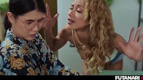 Nerdy futa girl Lady Dee penetrates anal of a skinny hot Blonde Veronica Leal