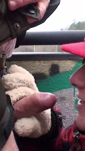 Brunette fucking with old dude next to a railway
