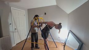 Crotch rope strappado for the girl from the bar