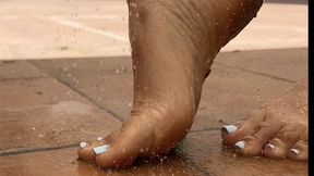 Dirty Bare Feet Washed with a Hose Outdoors | Wet Soles & Toes Close-Up