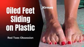 Oiled Feet Sliding on Plastic Red Toes Obsession