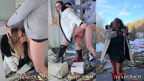 je suce un mec dans une vieille cabine telephonique, mon mec filme et participe on me baise la chatte a tour de role