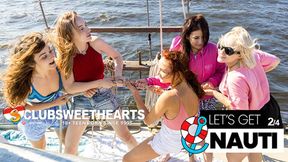 Hot lesbians eat and lick each other's shaved pussy on a boat