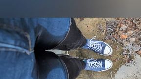 Rainy Walking & Wetting in Denim Shorts & Black Leggings with Converse
