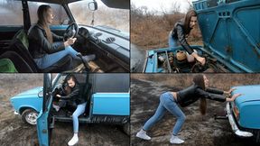 Nastya fails attempts to start old VAZ, then pushes the car