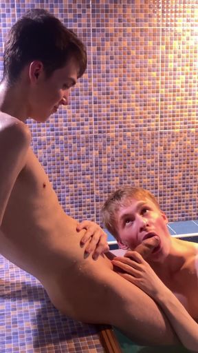 Teenage twinks Matty and Aiden blowjob in the swimming pool