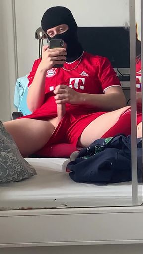 Masked Bro Jerks Off in Mirror wearing Bayern Munich Football Kit while Working from Home