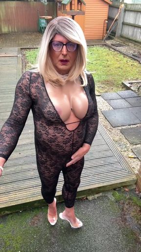 Sexy Crossdresser Kellycd2022 Peeing in Black Lace Catsuit and Stripper Heels