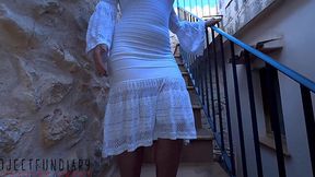 Busty chick in tight white dress gets fucked hard on city stairs quickie