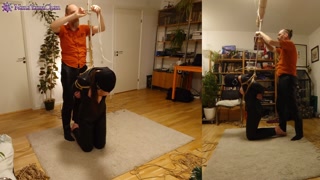 Girl in leather catsuit gets Shibari energy tied, suspended, nipple clamps. Real uncut play!