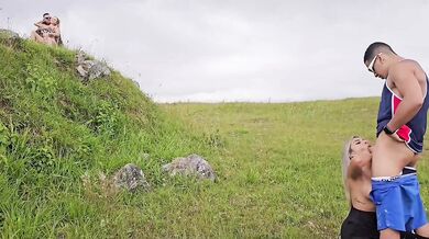 We convince our stepdaughter to practice swinging with her boyfriend outdoors.