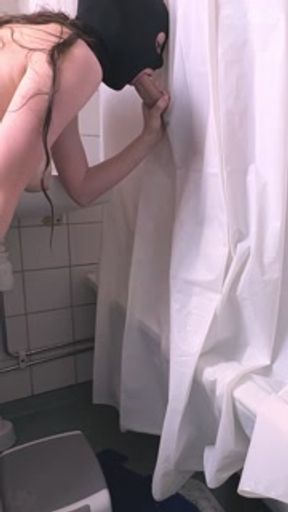 Masked stepmom takes bath and sucks stepson’s cock through shower curtain glory hole | Lily Corinth