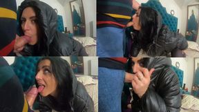 Shiny Downjacket Tease, Cameltoe Play & Messy Blowjob Finish