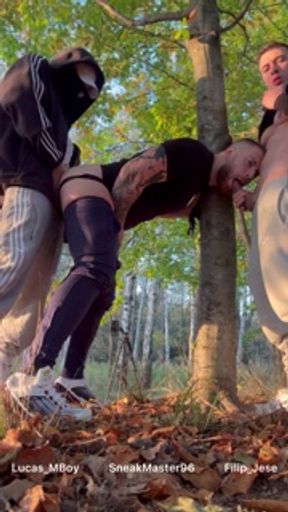 Threesome in the forest public bareback fuck hot Polish boys with sneakers