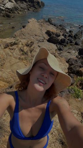 Strong Piss with Beach View! Redhead Girl Pee
