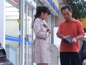 Perverted Japanese woman naked under the coat and on the ground