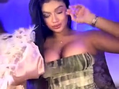 Busty curly brunette with big boobs fucks on couch