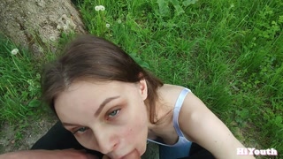 Cute Stepsister teases with her boobs outdoor. I had to fuck her right on the rock.