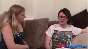 Busty UK hottie sensually sucking nerds swollen cock