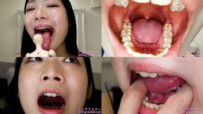 Yuina Taki - Showing inside cute girl's mouth, chewing gummy candys, sucking fingers, licking and sucking human doll, and chewing dried sardines