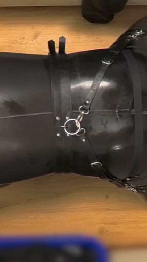 Stunning moment from &quot;Latex Chastity Cage Sissy on Sex Machine Pillory and Double Part 2&quot;