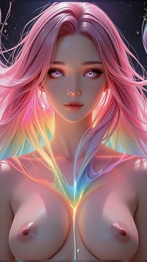 Rainbow Cosmic Beauty with Glowing Pink Eyes Fantasy Portrait Ai Art Slideshow