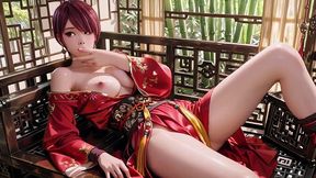 Purple-haired war maiden in a high-slit kimono teases your eyes with a