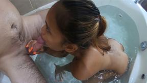 ”Petite amateur Thai teen Cherry waxing her BFs big white shaft in the bath”