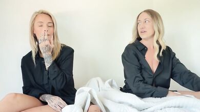 Step sis and her blonde friend get messy with big loads while cum drips down her tattooed thighs
