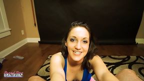 Young brunette cutie Ryann sucks and strokes a hard cock POV