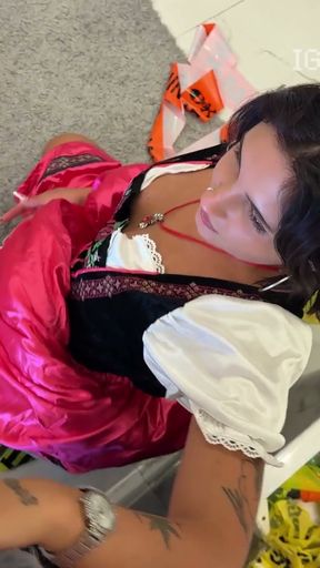 Hottest redhead petite college girl in Oktoberfest costume gives an incredible handjob to a big cock guy   Clip 1