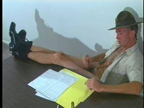 Drill sergeant getting his hard cock sucked by soldier in uniform in the office