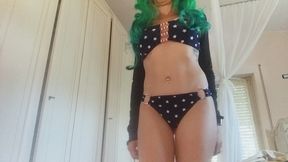 my step sister is getting ready to go to the beach: she is wearing her favorite bikini. spy as well