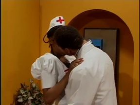 Eager ebony nurse sucks doctor's cock on her knees before getting fucked in his office