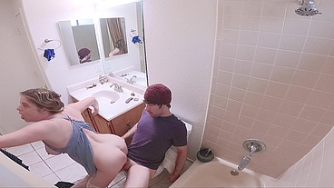 Masturbating stepmom in the bathroom invites stepson in for sex