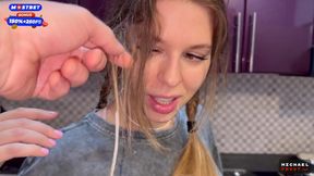 Flatmate enjoys kitchen fuck sessions, gets cum in mouth and pigtails